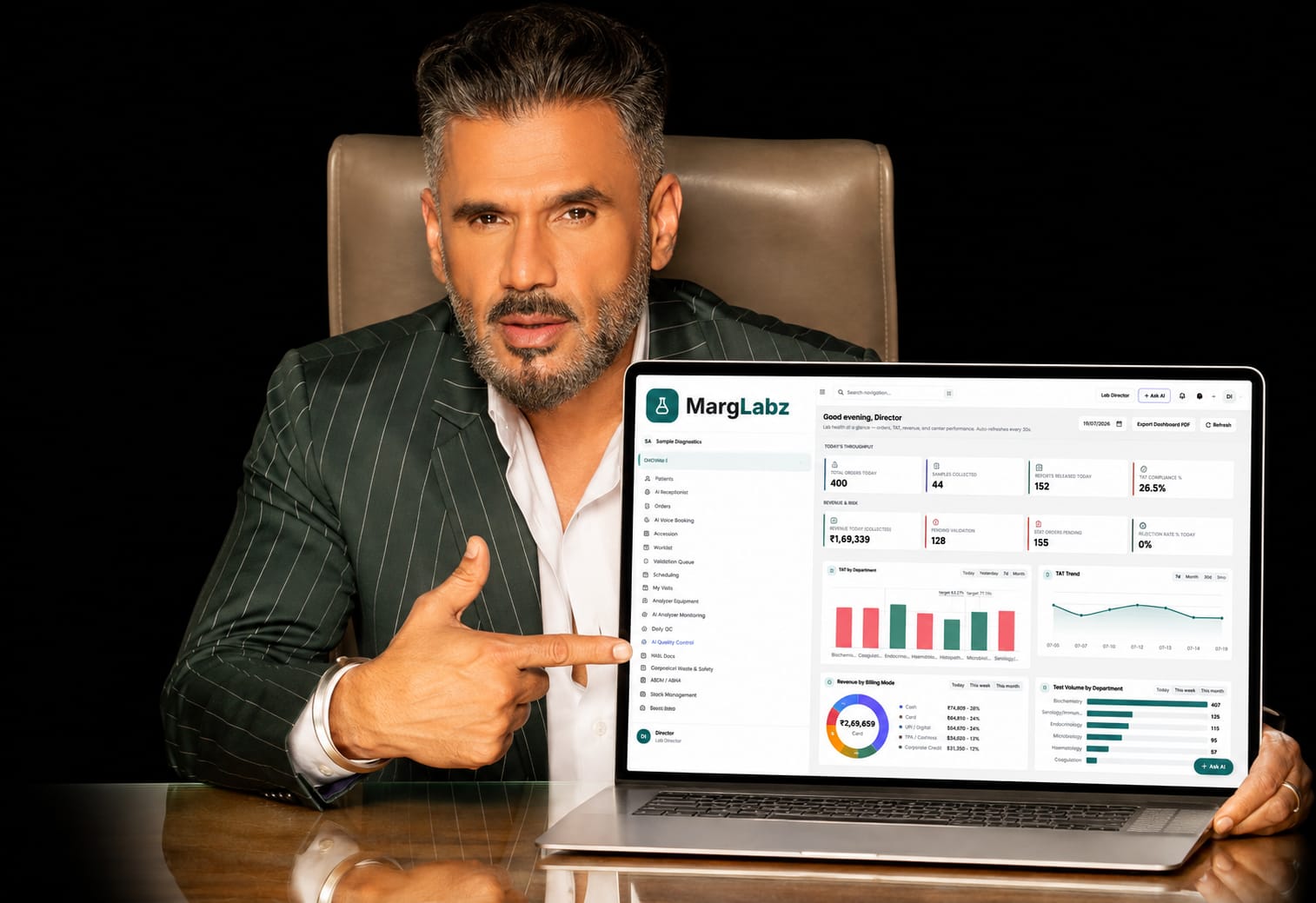 Suniel Shetty presenting the MargLabz lab dashboard