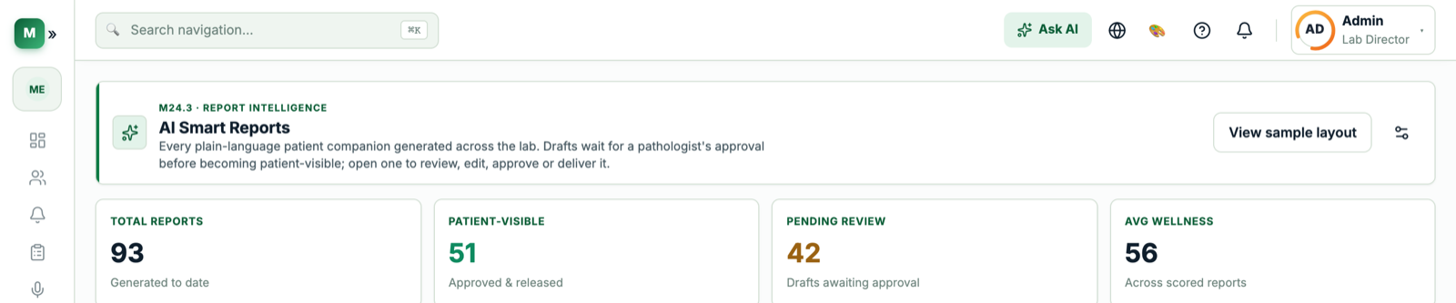 MargLabz AI Smart Reports screen showing 93 reports generated, 51 patient-visible and an average wellness score of 56